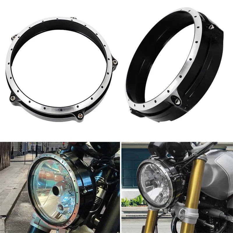Black CNC aluminium headlight cover for BMW R nineT Scrambler motorcycle