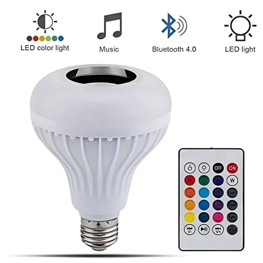 White E27 Bluetooth speaker light bulb with remote control for colour changing illumination
