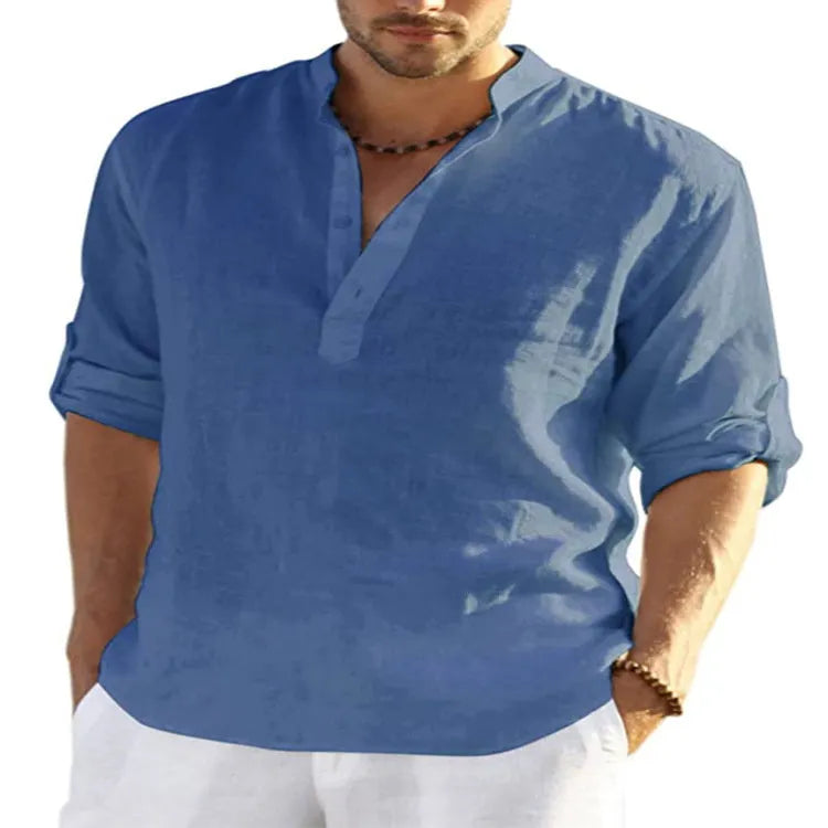 Men's solid colour long sleeve shirt with a stand collar, made from a cotton and linen blend fabric.