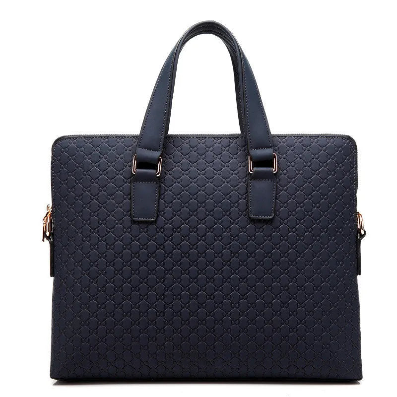 Genuine leather men's business handbag with embossed geometric pattern, 14 inch computer pocket, blue colour