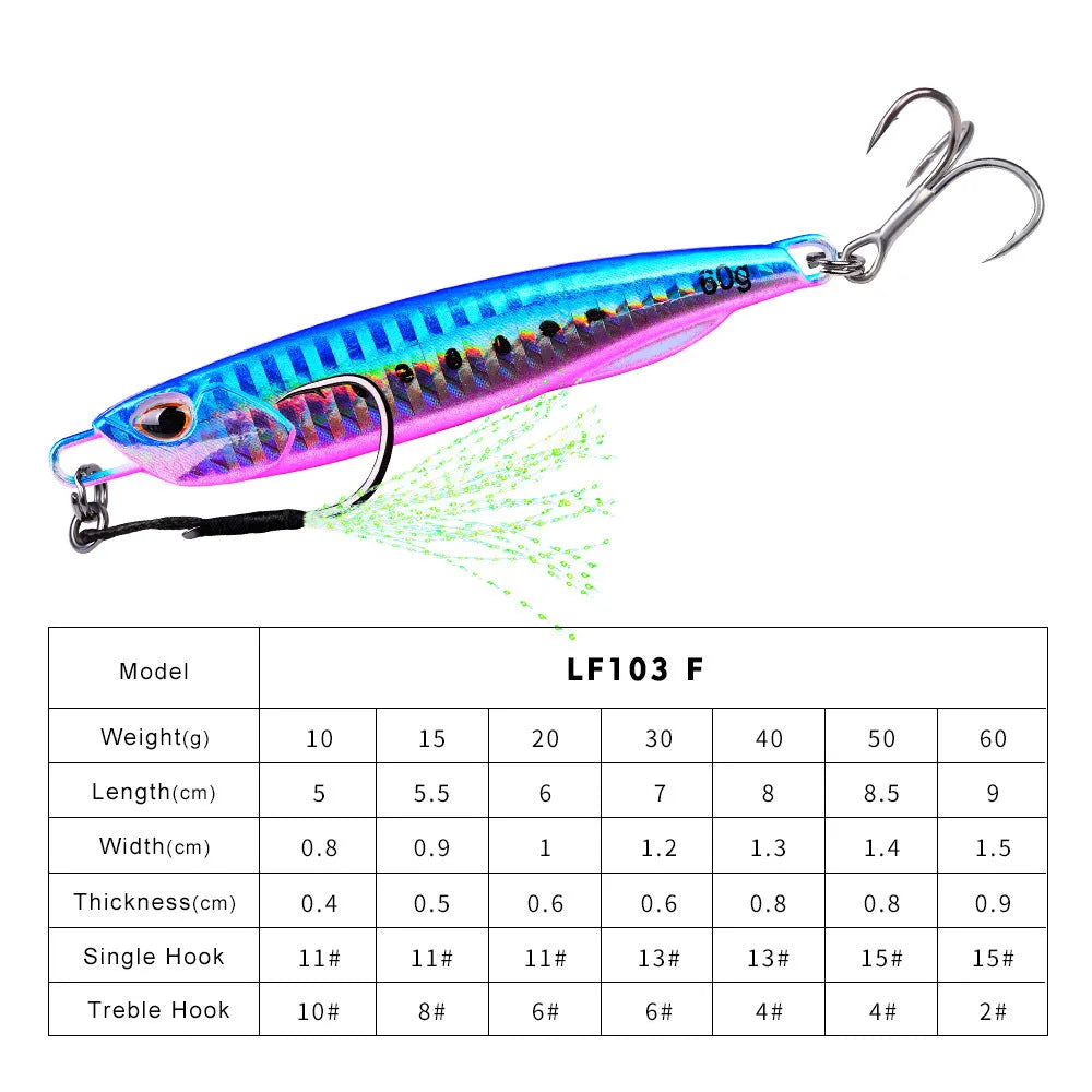 Luya Bait metal iron plate submerged tossing lure with treble hook, luminous finish, 10g and 60g weight options