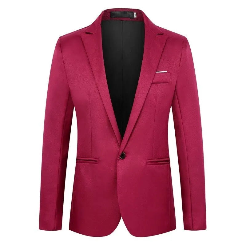 Men's acetate fibre suit jacket in loose fit available in eight colours including wine red and sky blue