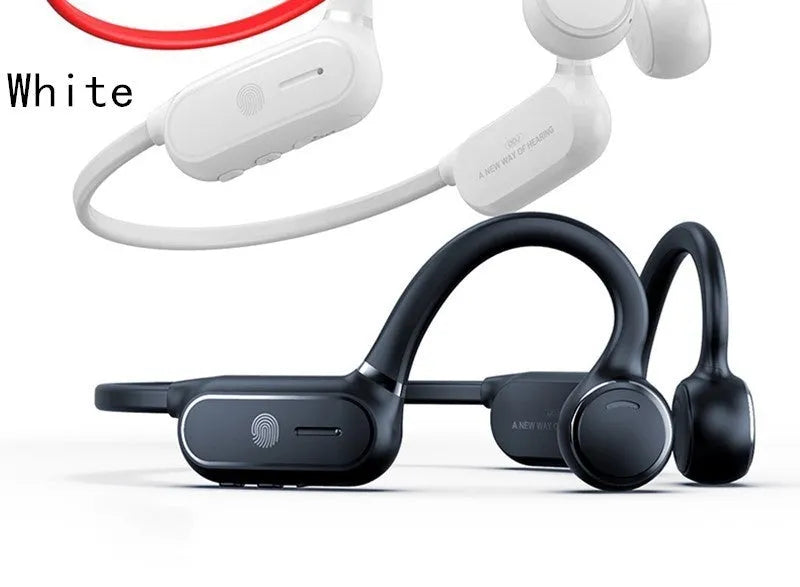 Black air conduction Bluetooth earphones with titanium wire frame showing ear-hook design