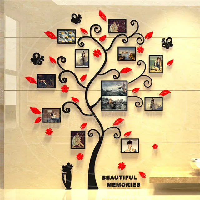 Acrylic family photo frame tree wall sticker with 11 frames, black branch design, adhesive backing