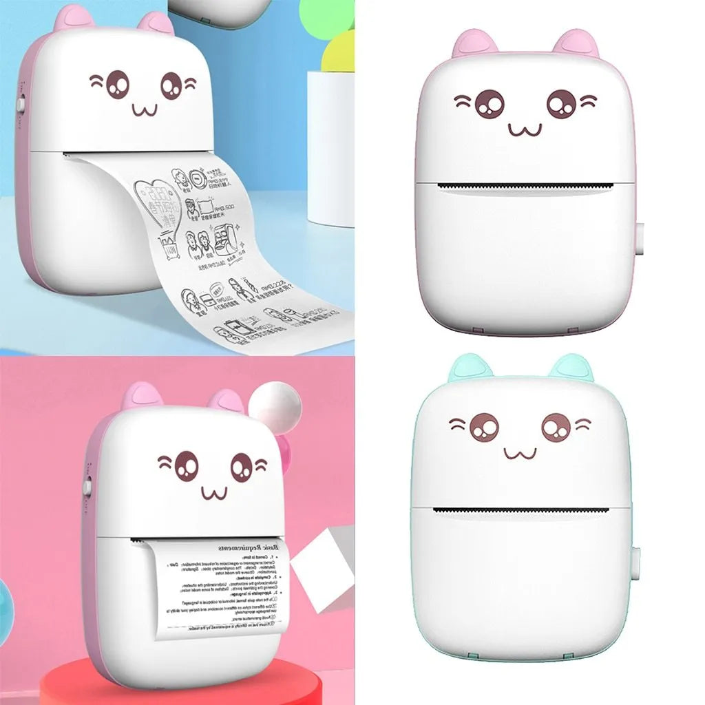 Mini Bluetooth thermal printer in pink with paper roll and phone app interface