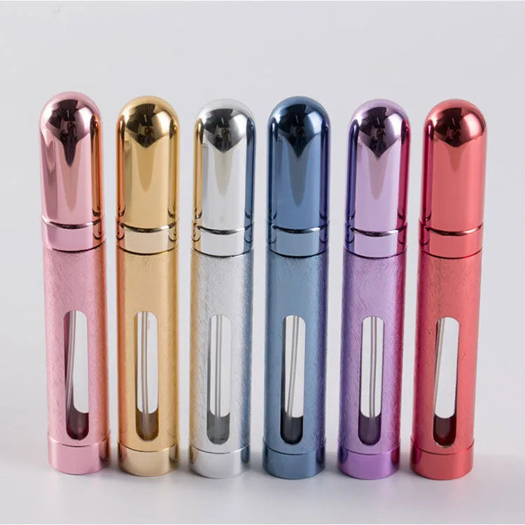 Slim 12ml aluminium and glass portable perfume bottle in multiple colours.