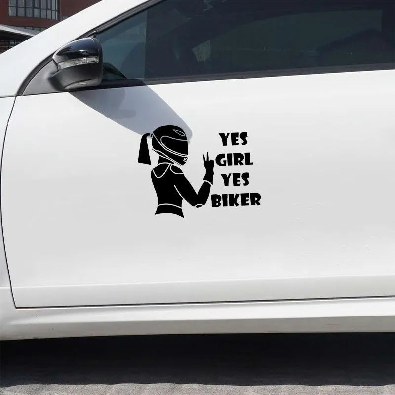 Cool girl rider design car sticker in black, white, and laser colours, 16cm by 15cm.