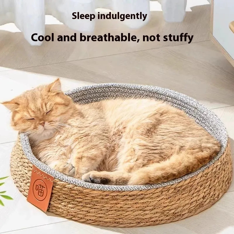 Natural rattan cat nest with woven construction shown in pet bed setup
