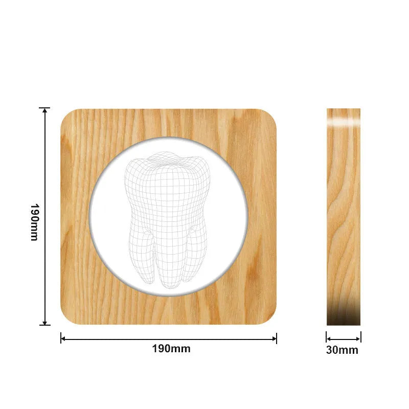 Tooth-shaped wood acrylic USB night lamp showing log colour finish and compact 190x190x30mm dimensions