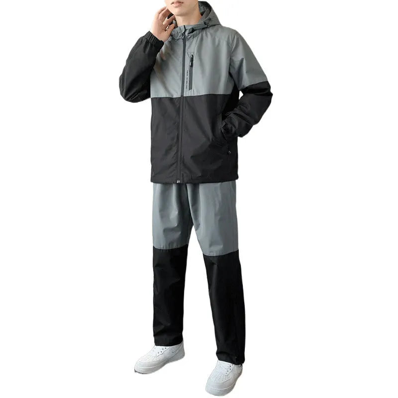 Men's casual hooded suit set with long-sleeve jacket and jogger pants in chemical fibre blend, multiple colour options, sizes M to 5XL