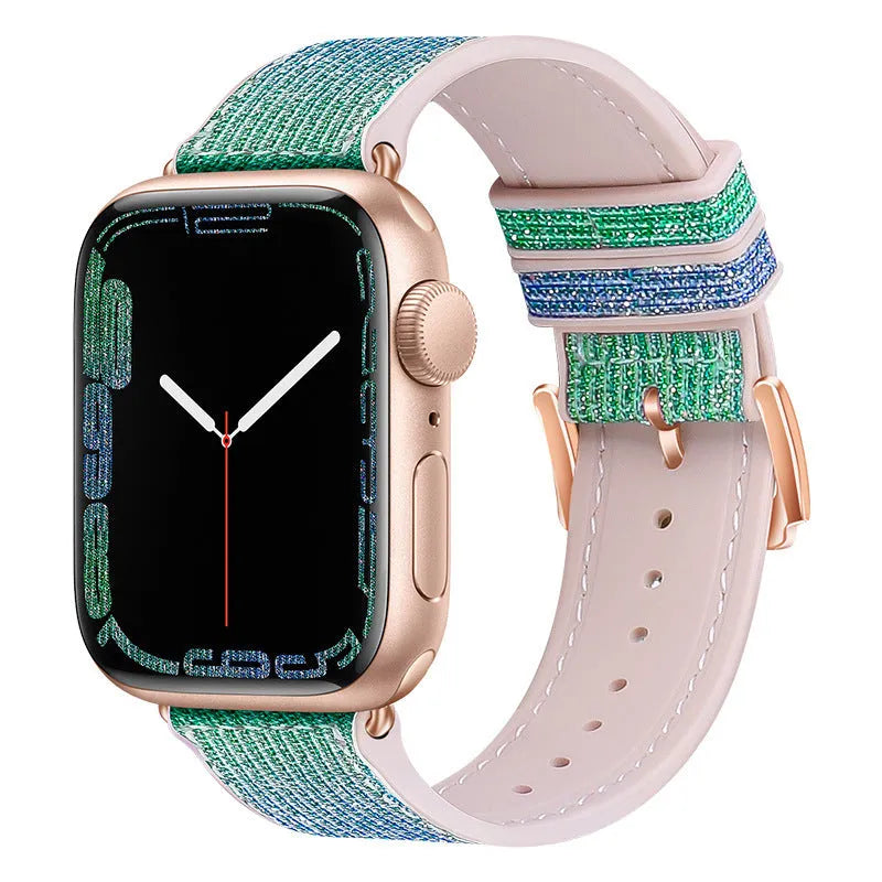Diamond-encrusted double-sided allochroic silica gel strap for Apple Watch 38-49mm in rainbow colour