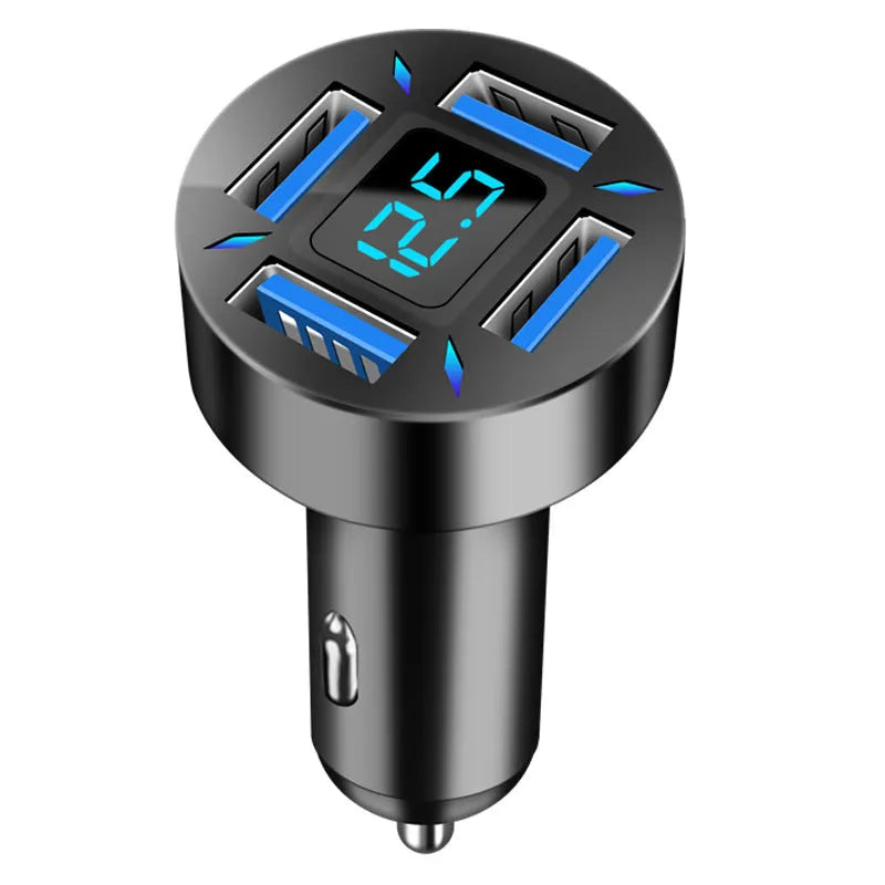 Four-port USB car charger with LED digital display, shown plugged into a vehicle socket.