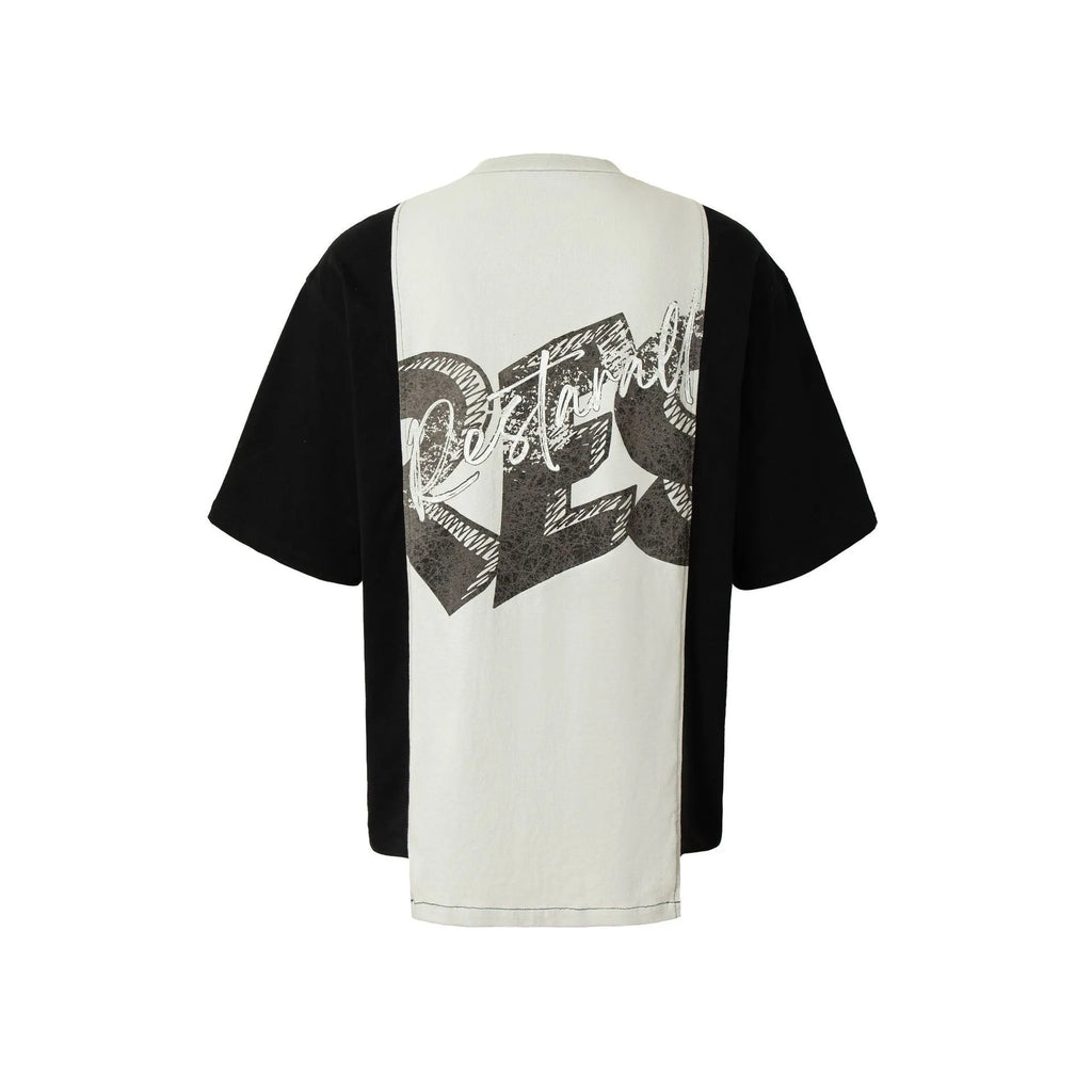 Black and white broken collage printed cotton blend t-shirt with loose streetwear fit and short sleeves