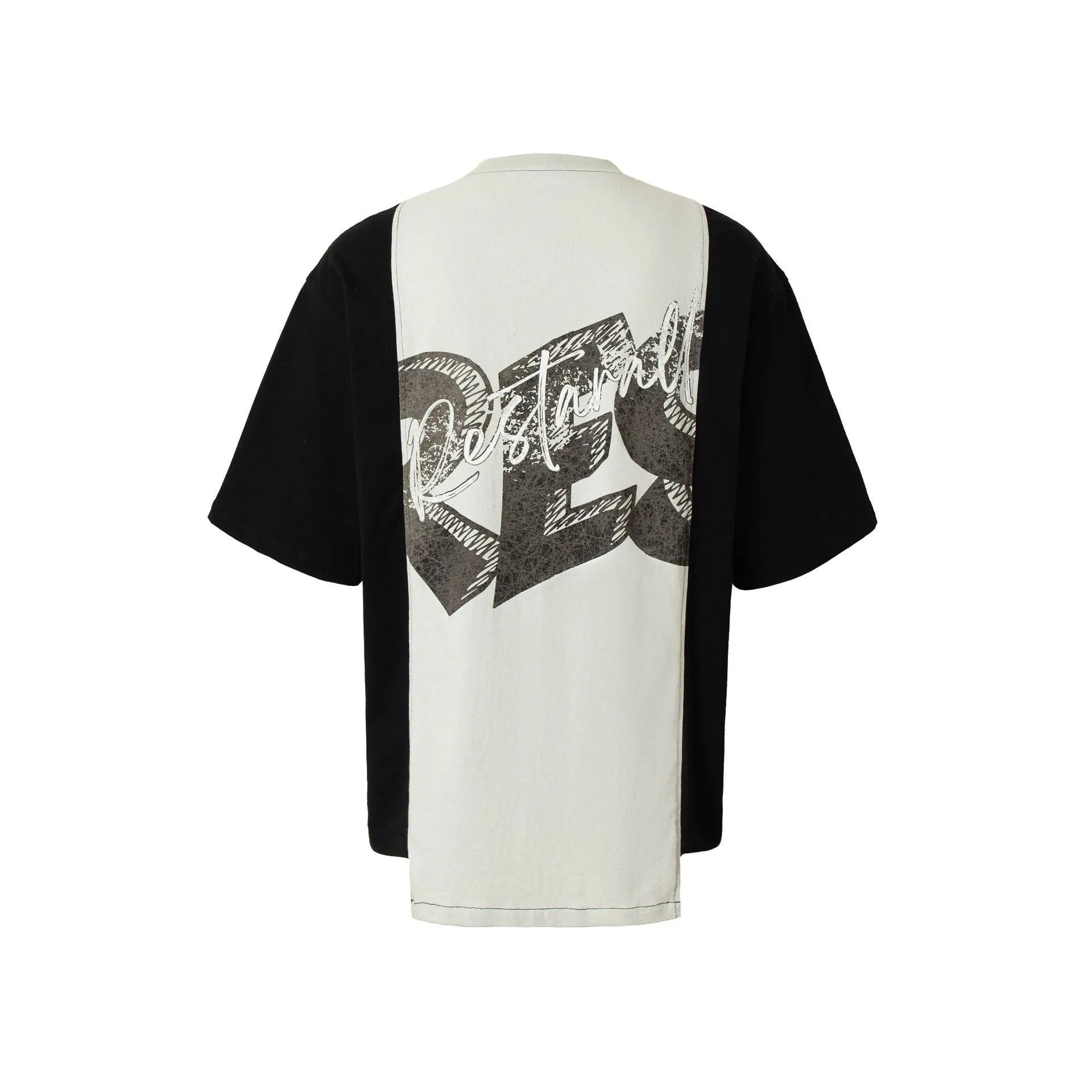 Black and white broken collage printed cotton blend t-shirt with loose streetwear fit and short sleeves