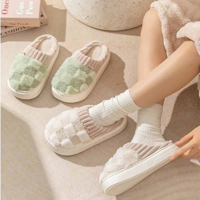 Women's plaid plush slippers with non-slip PVC sole in multiple colour options