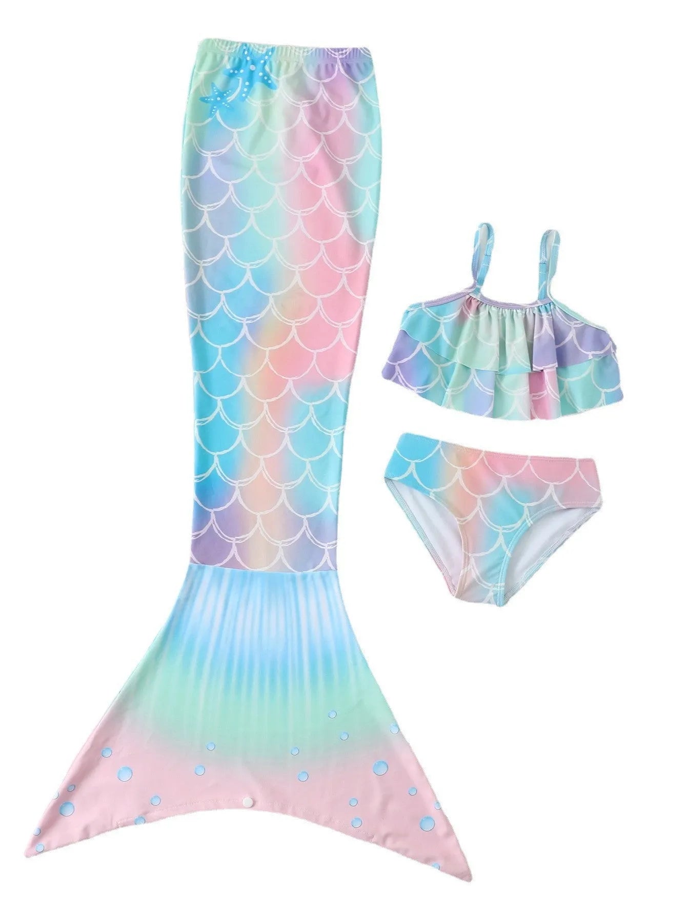 Children's swimsuit bikini with fish tail skirt in dark pink, polyester fabric, sizes 90-160