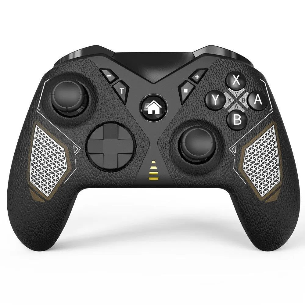Black wireless game controller with leather-pattern texture on handles for Nintendo computers and mobile phones.