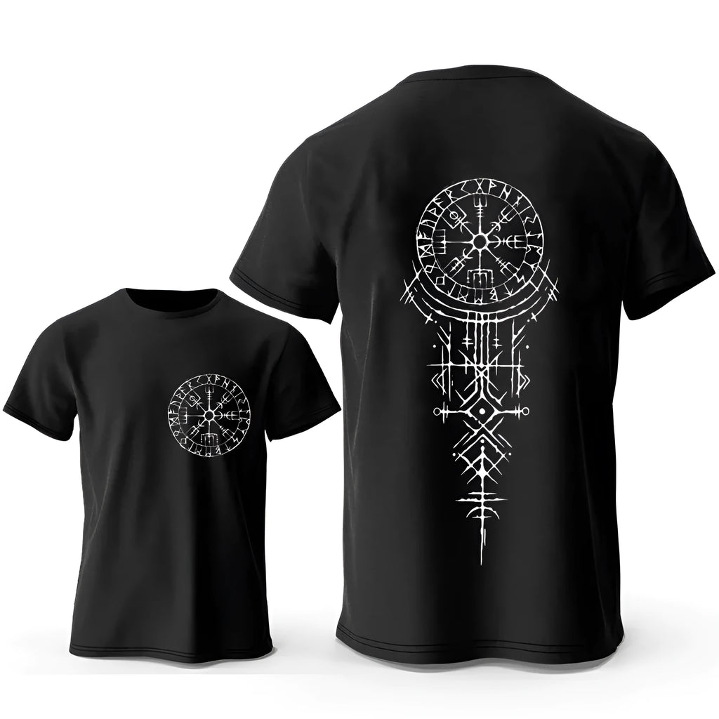 Men's grey cotton T-shirt with a detailed printed Viking compass and rune design on the chest.