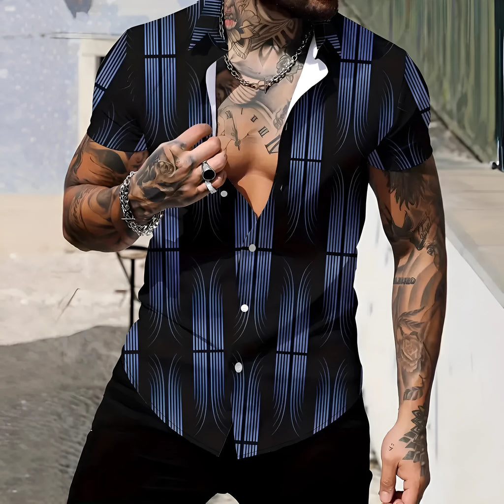 Men's slim fit geometric line printing lapel short sleeve shirt in cardigan style