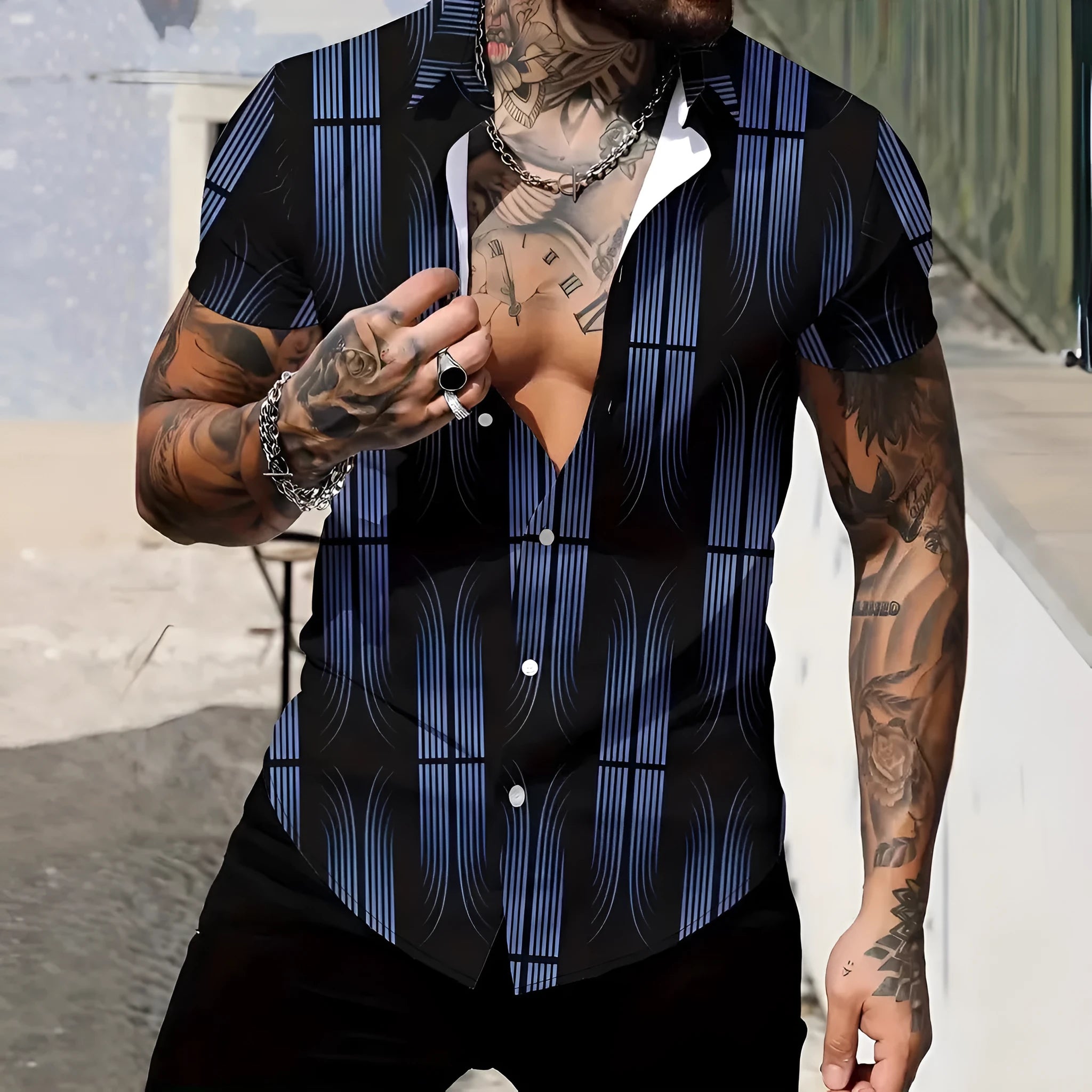 Men's slim fit geometric line printing lapel short sleeve shirt in cardigan style