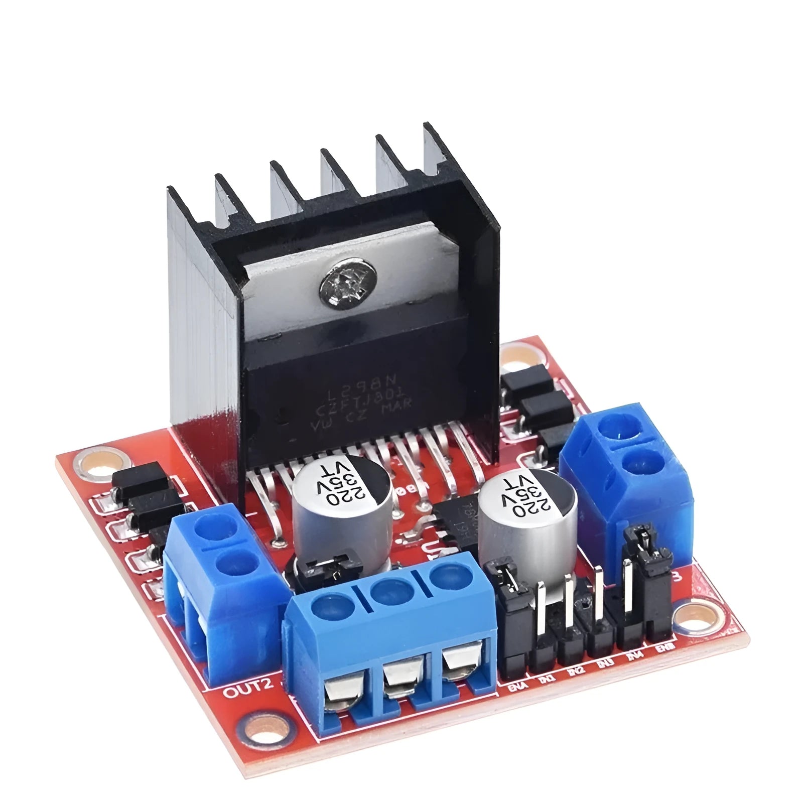 L298N motor driver board module with dual H-bridge circuitry for DC and stepper motor control