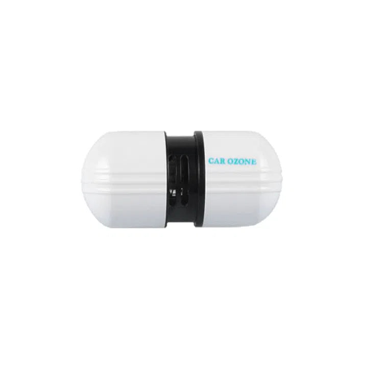 White car air purifier deodorizer 75x30x26mm with 12V plug on a surface