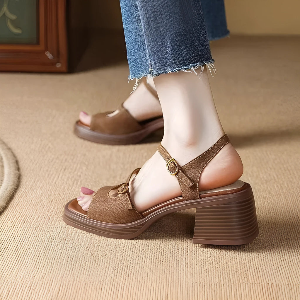 Women's beige open-toe square toe platform sandals with a chunky rubber sole