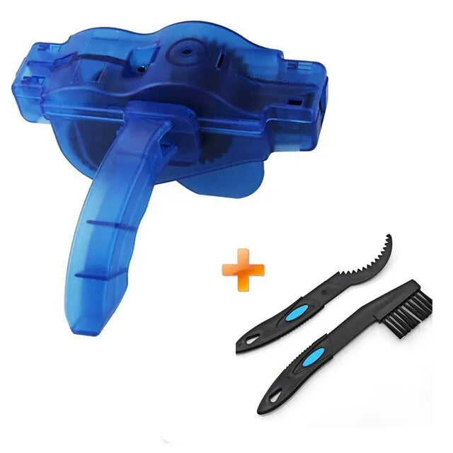 Blue plastic bicycle chain cleaning washer set with brushes on a bike chain