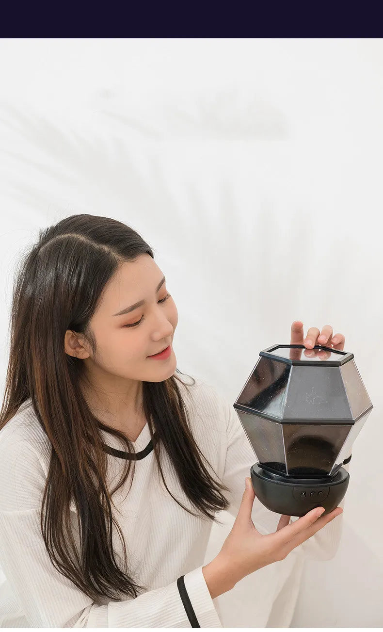 Children's rotating star LED night light projecting coloured stars onto a wall, powered by a USB cable.