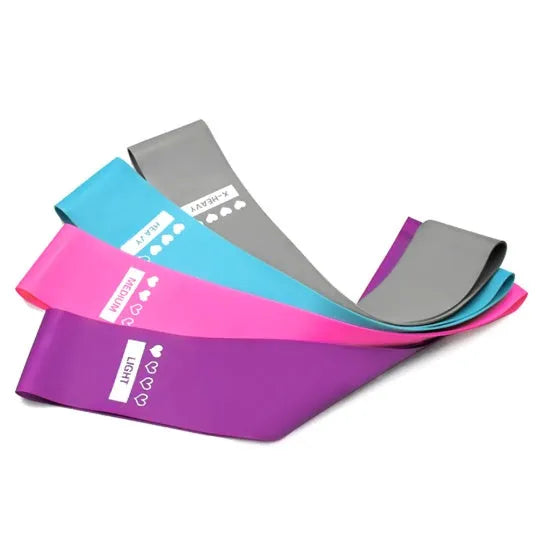 Set of four resistance bands in purple, pink, blue, and grey with non-slip inner surface and cloth bag