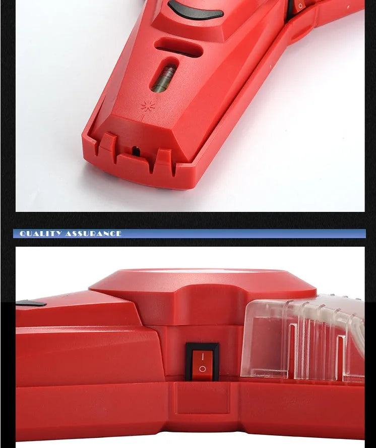Red portable woodworking laser level with punch positioning tool on a workbench.