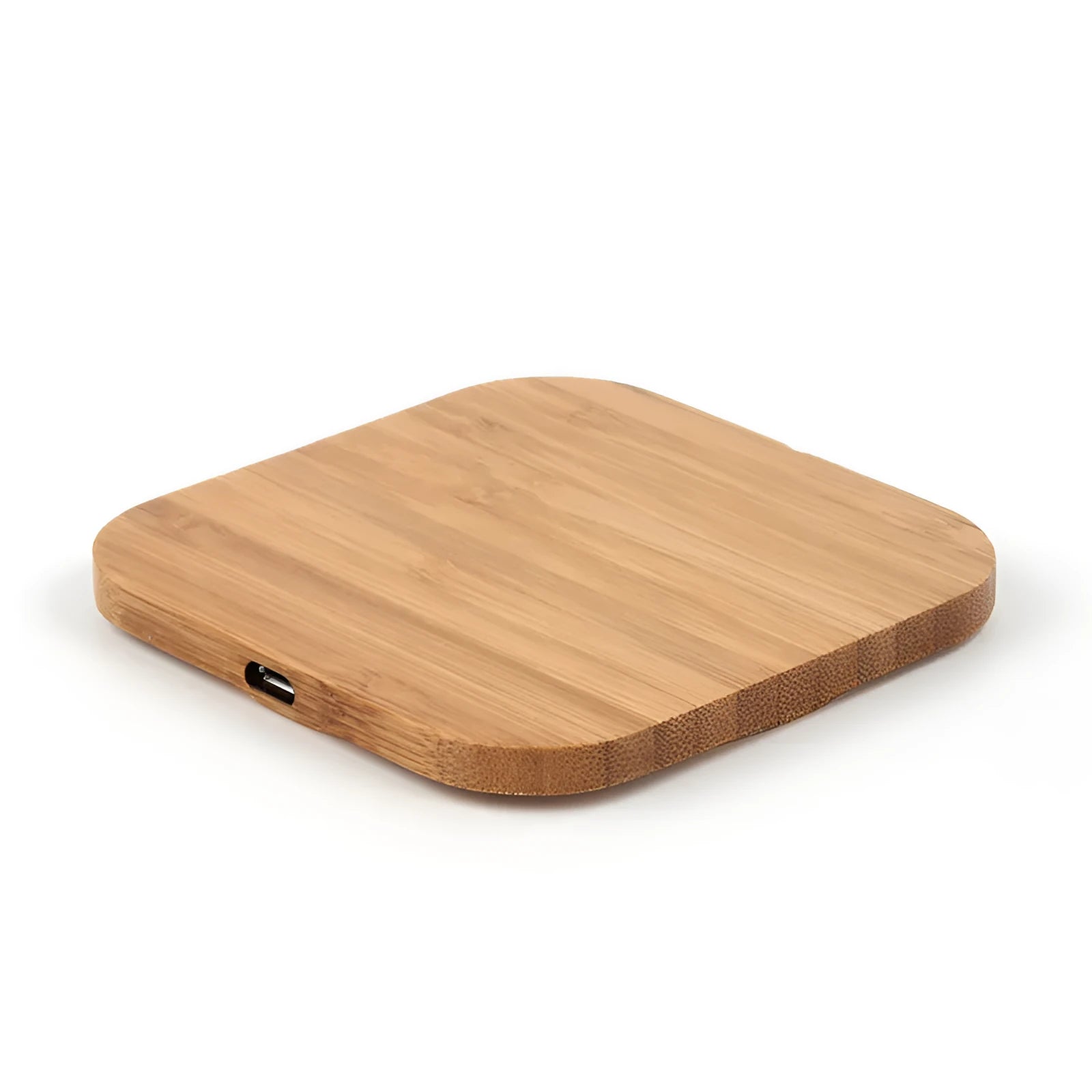 Square wooden bamboo 5W QI wireless charging pad for smartphones on a desk.