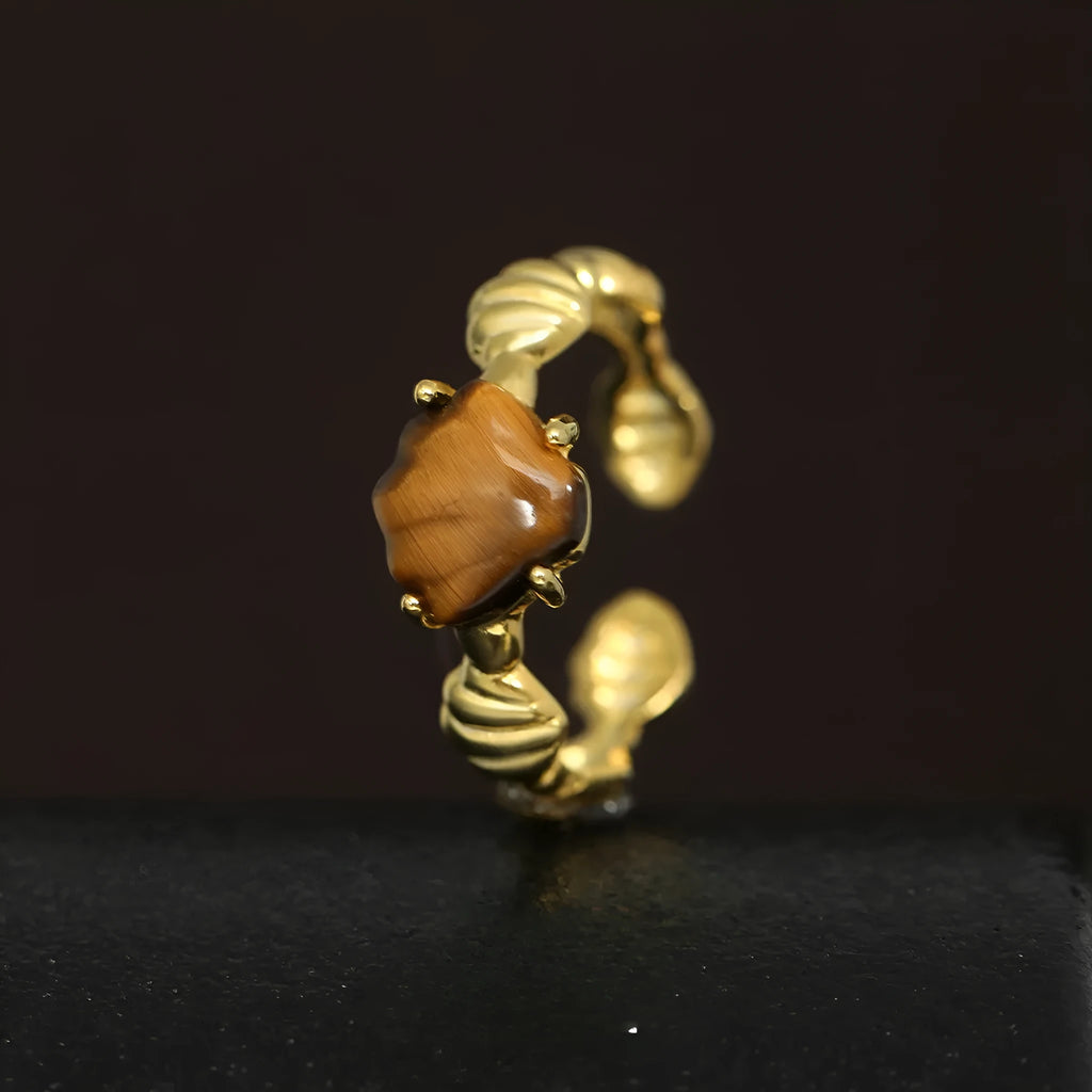 Adjustable silver ring with shell and tiger eye stone in white gold electroplated finish