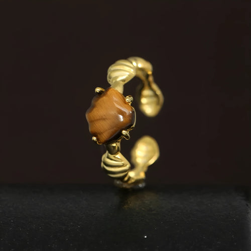 Adjustable silver ring with shell and tiger eye stone in white gold electroplated finish