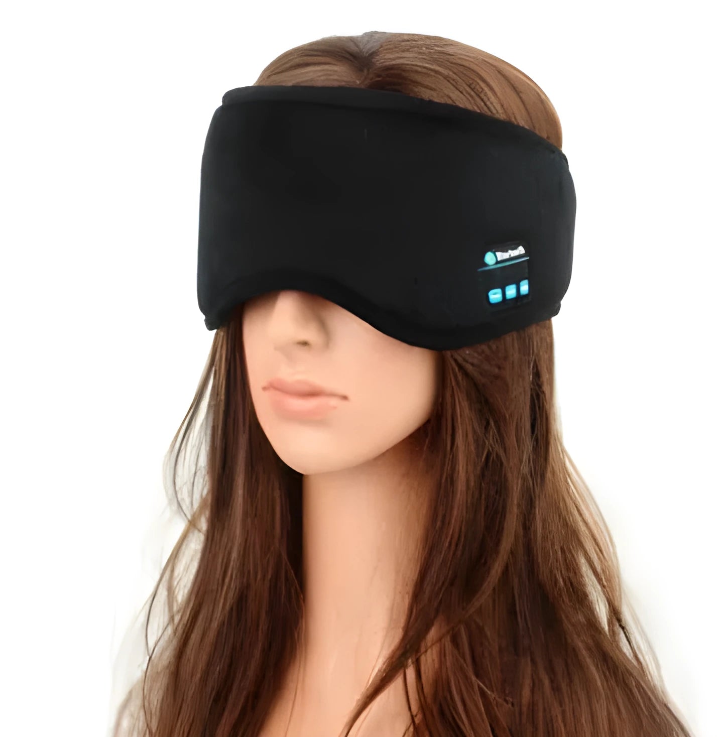 Black Bluetooth sleep mask with built-in speakers lying flat on a surface with a charging cable.