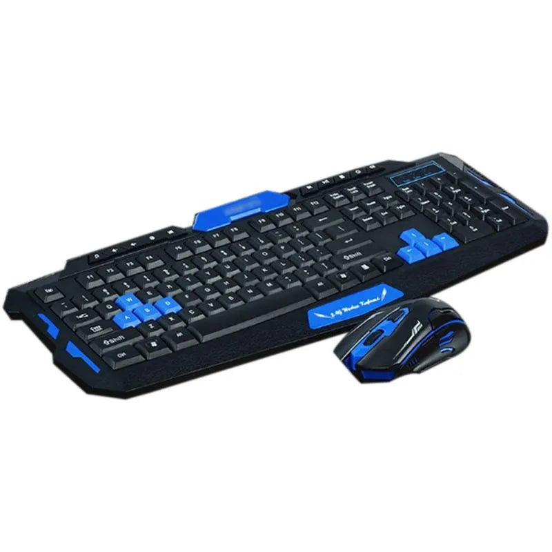 Black and blue wireless keyboard and mouse set on a desk, showing ergonomic design and multimedia keys.