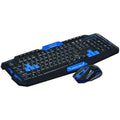 Black and blue wireless keyboard and mouse set on a desk, showing ergonomic design and multimedia keys.