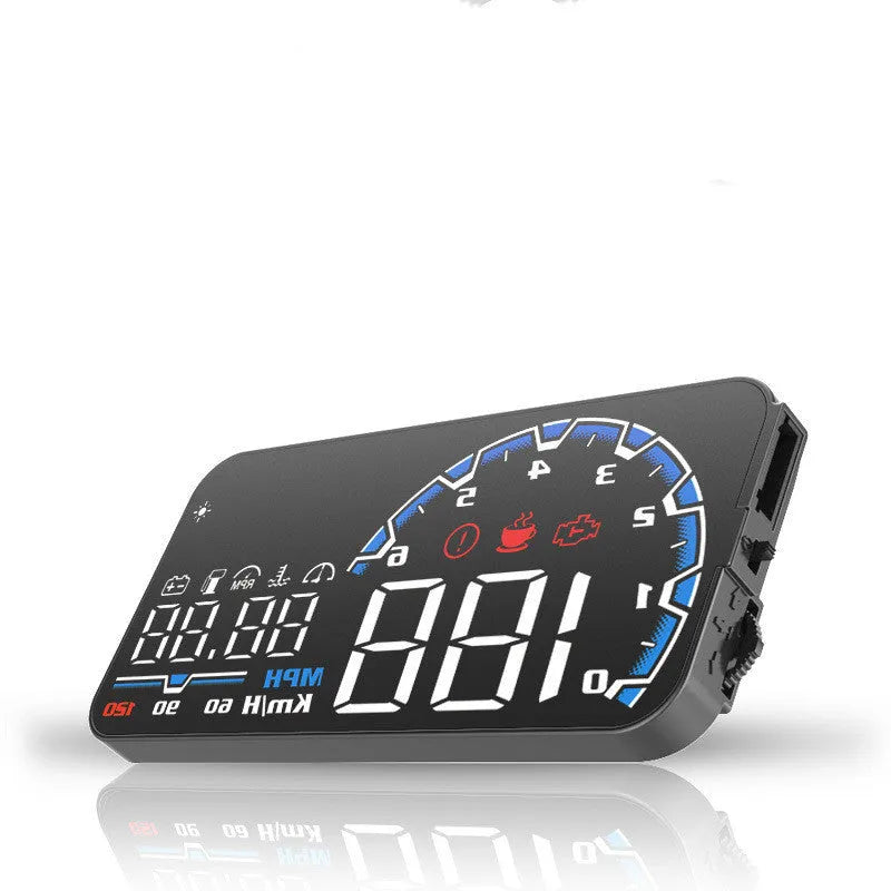 Car head-up display with 5.0-inch LED screen, OBDII compatible, black PC+ABS housing, 128x63x12mm size