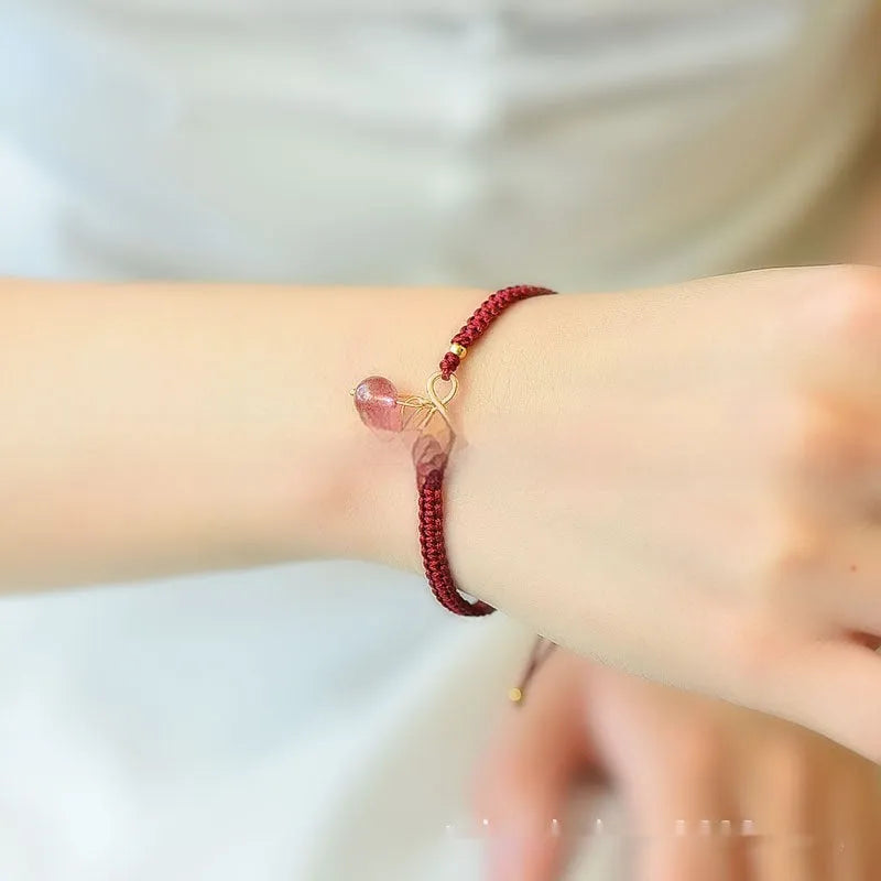 Women's natural strawberry quartz cherry bracelet with fruit-shaped crystal beads and adjustable fastening