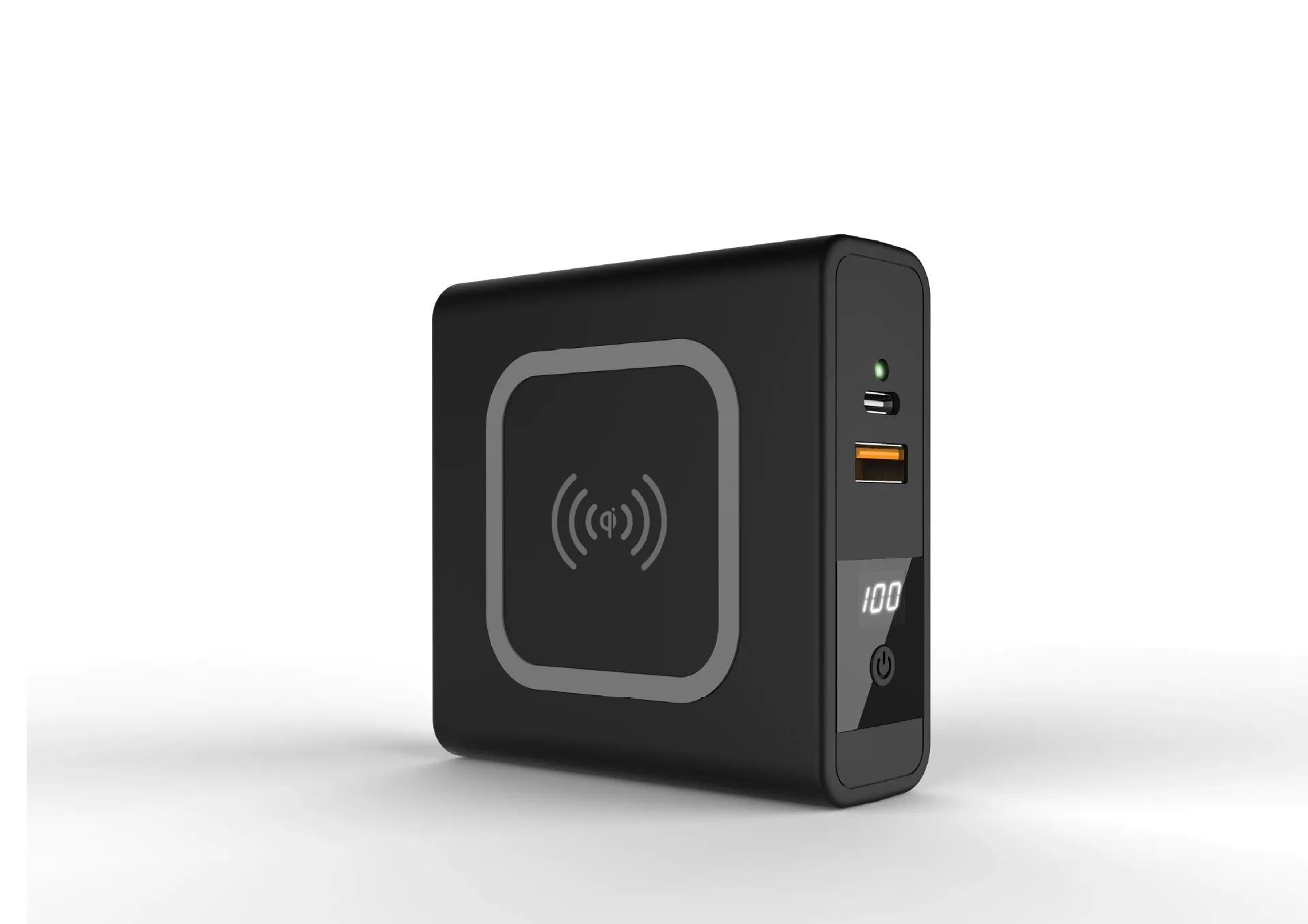 Super QI wireless power bank with built-in folding plug, shown in black and white.
