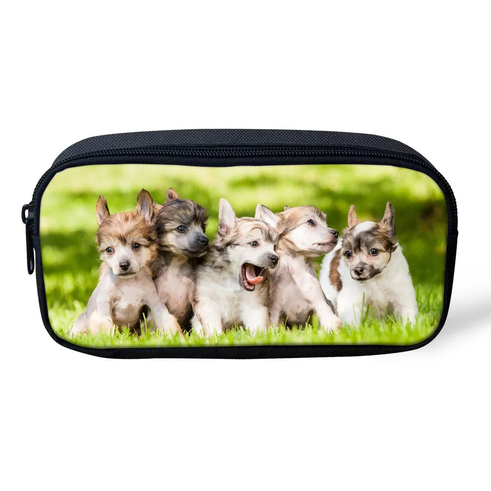 Customised pattern polyester pencil case with zipper closure, 10x21x4cm, large opening, on a flat surface