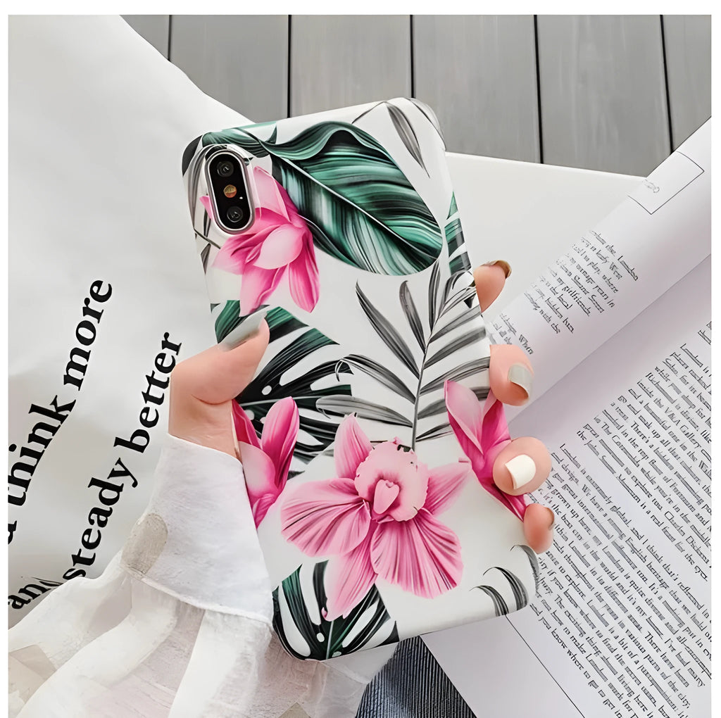 Pink floral TPU back cover case for multiple iPhone models including 11, X, 8, 7 and 6 series