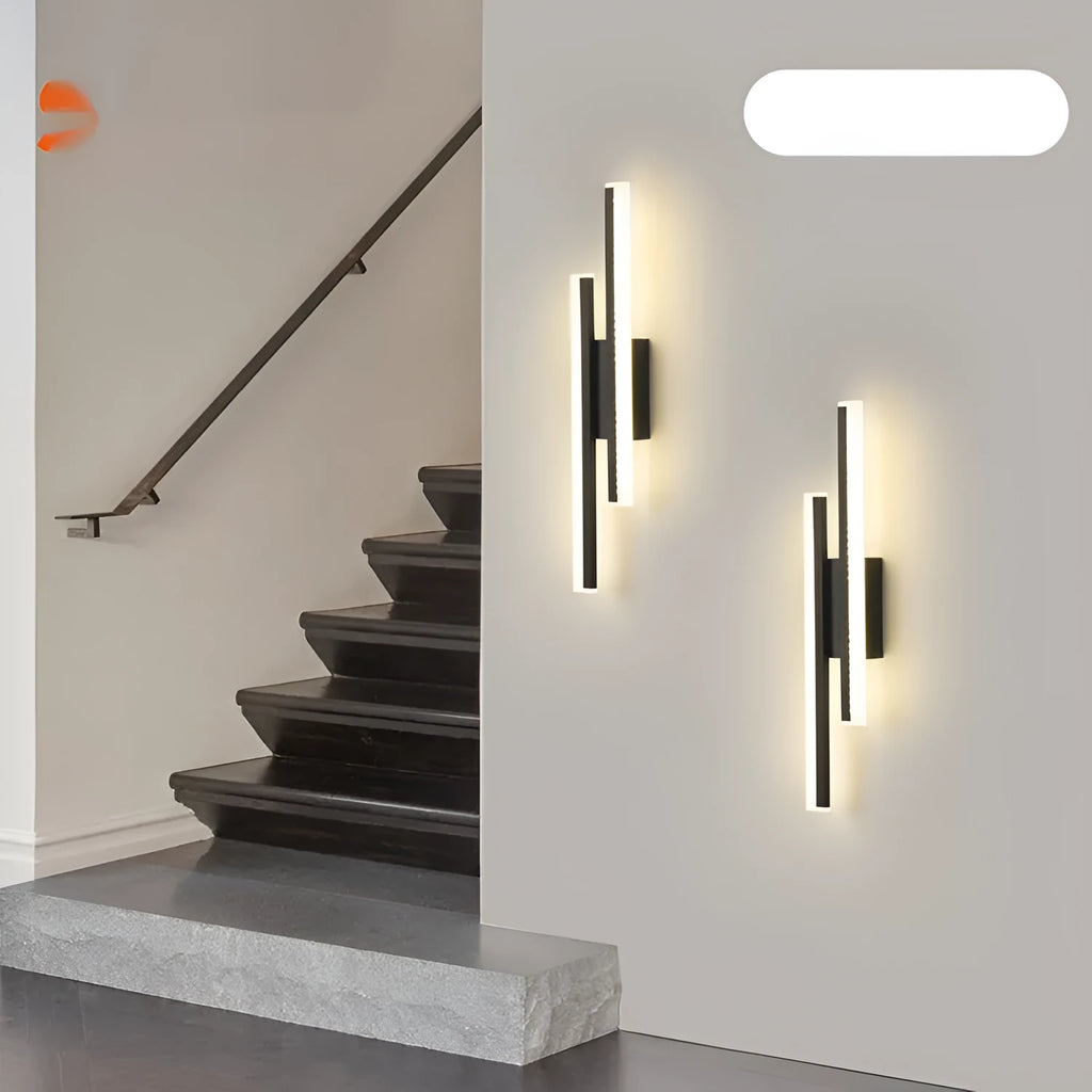 Gold double line wall lamp with linear LED lighting mounted on corridor wall