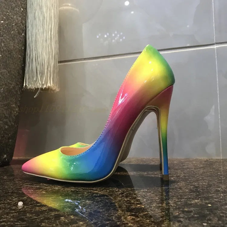 Rainbow patent leather women's high heels with pointed toe and thin stiletto heel