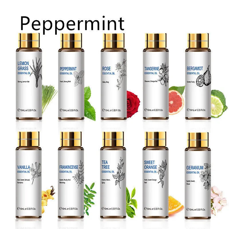 10ml plant aromatherapy essential oil with lavender rose tea tree scents in clear bottle