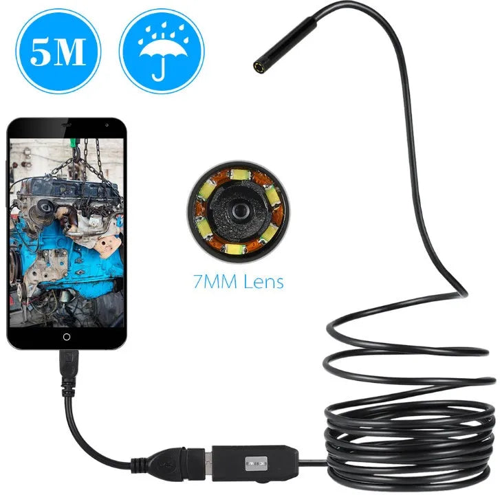 OWSOO USB endoscope camera with flexible cable, hook, and magnet for phone inspections