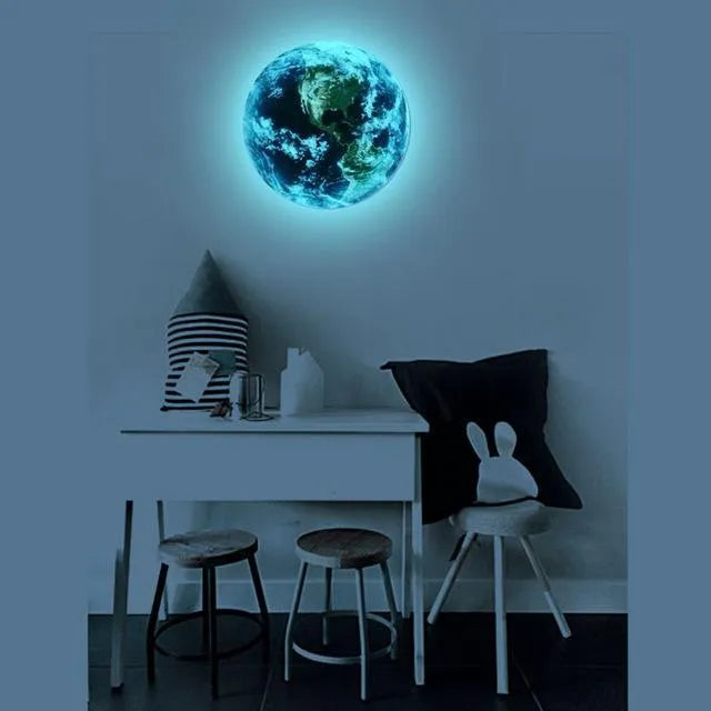 Glow-in-the-dark 3D Earth planet wall sticker showing luminous effect in darkness