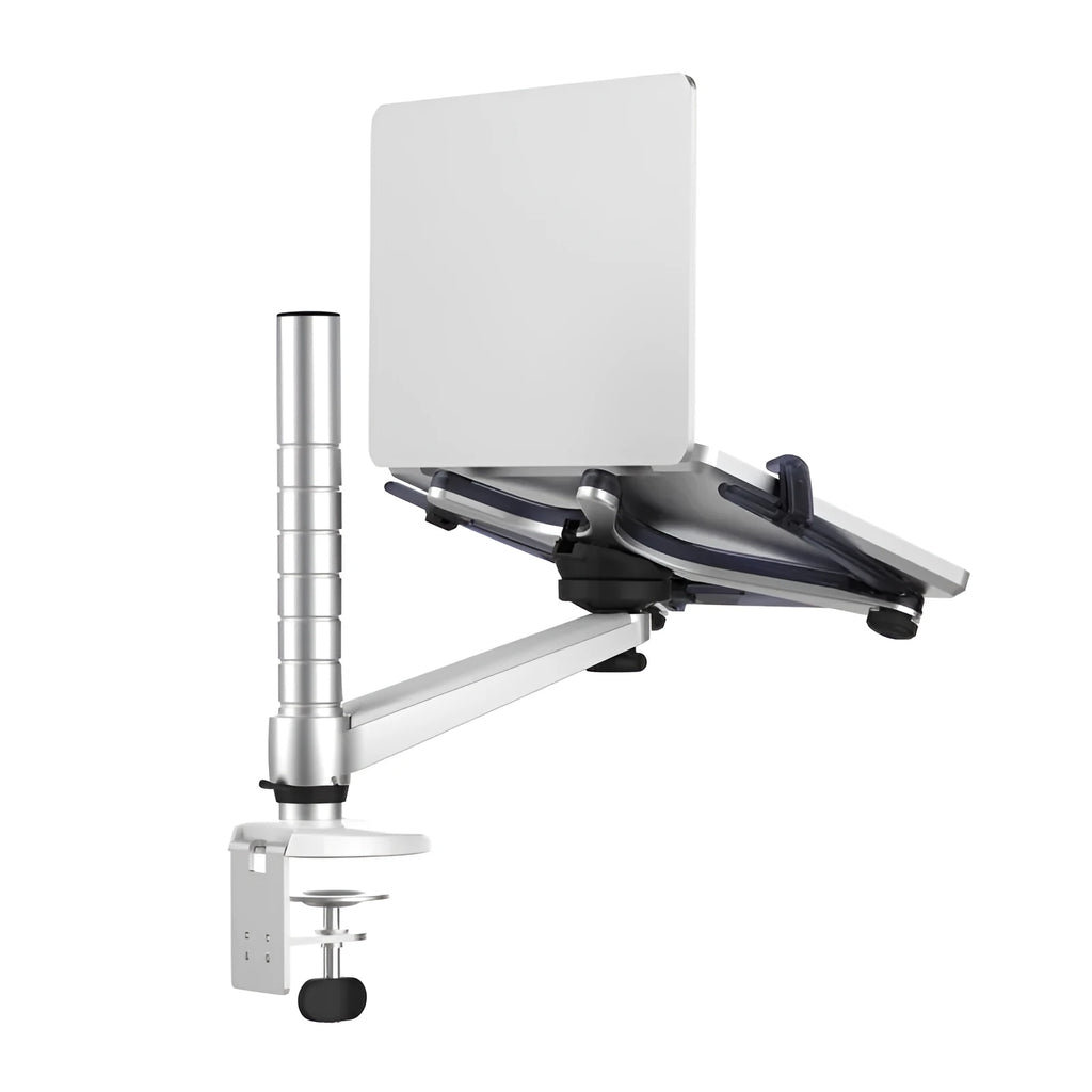 OA-1 aluminium alloy height adjustable computer stand with laptop in place showing 360-degree rotation arm