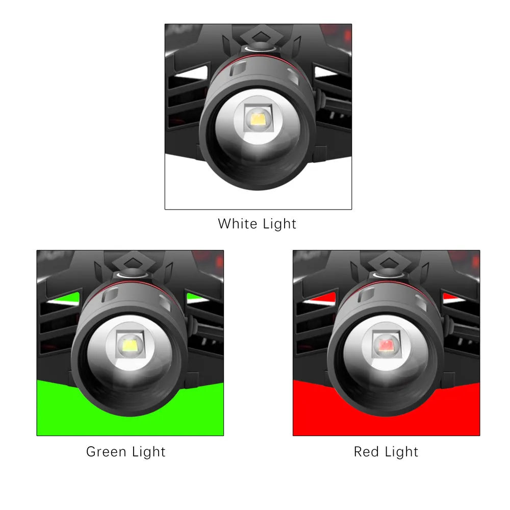 T6 LED zoom headlamp showing white, red, and green light modes with 18650 batteries and USB charger.