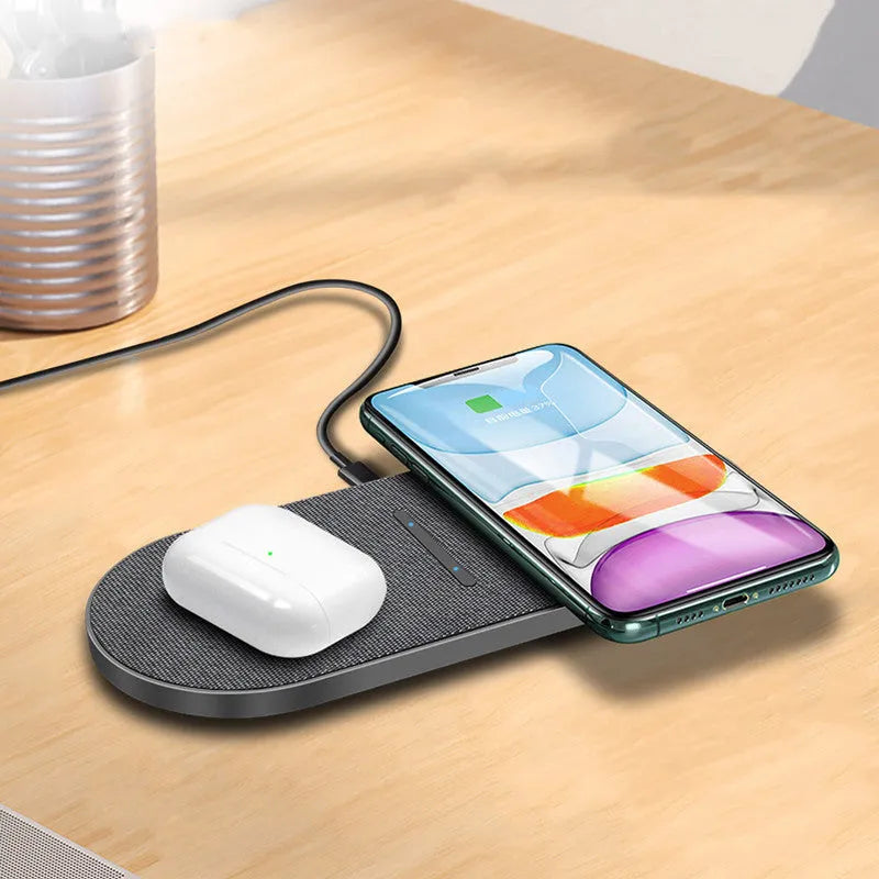 Black 2 in 1 wireless charger with dual 10W quick charge pads and indicator light